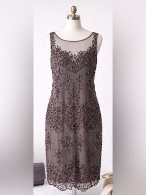 Pisarro Nights Beaded Cocktail or evening Dress size 14. Grey mesh overlay